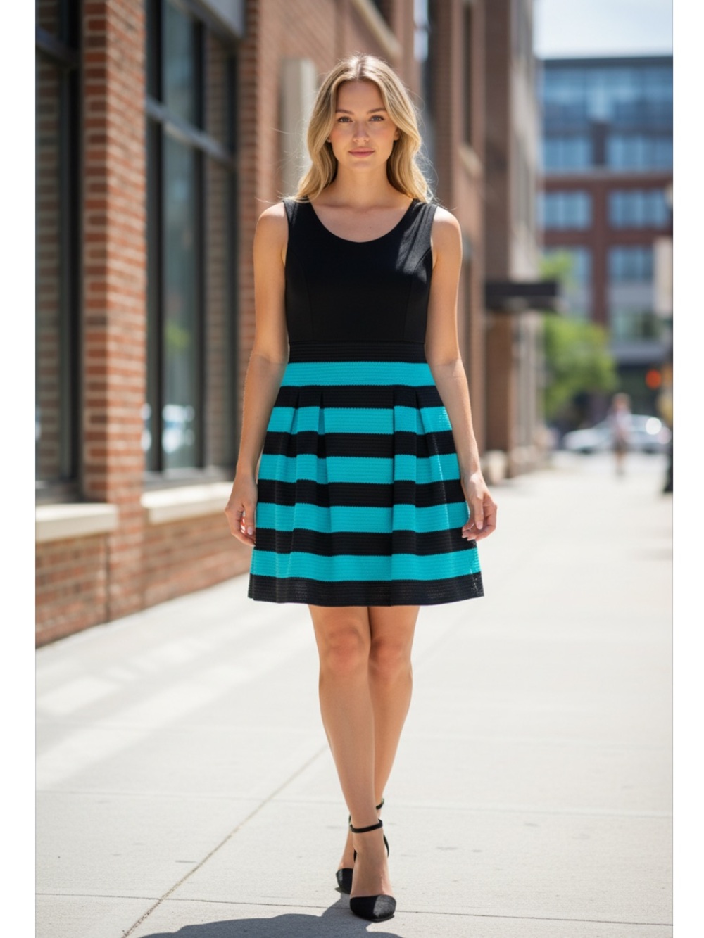 New York & Co (size XL)Black & Turquoise Sleeveless Stripped Dress with pleats